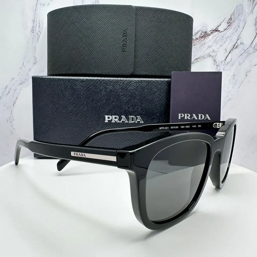 New PRADA Sunglasses Black Acetate Square Silver Metal Logo 53mm Gray Lens